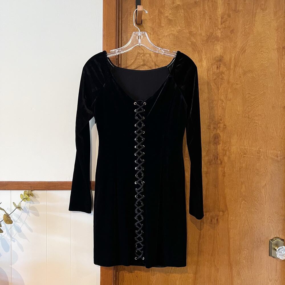 Marciano Velvet Corset Bodycon Mini Dress Lace Up Long Sleeve Black Women's S